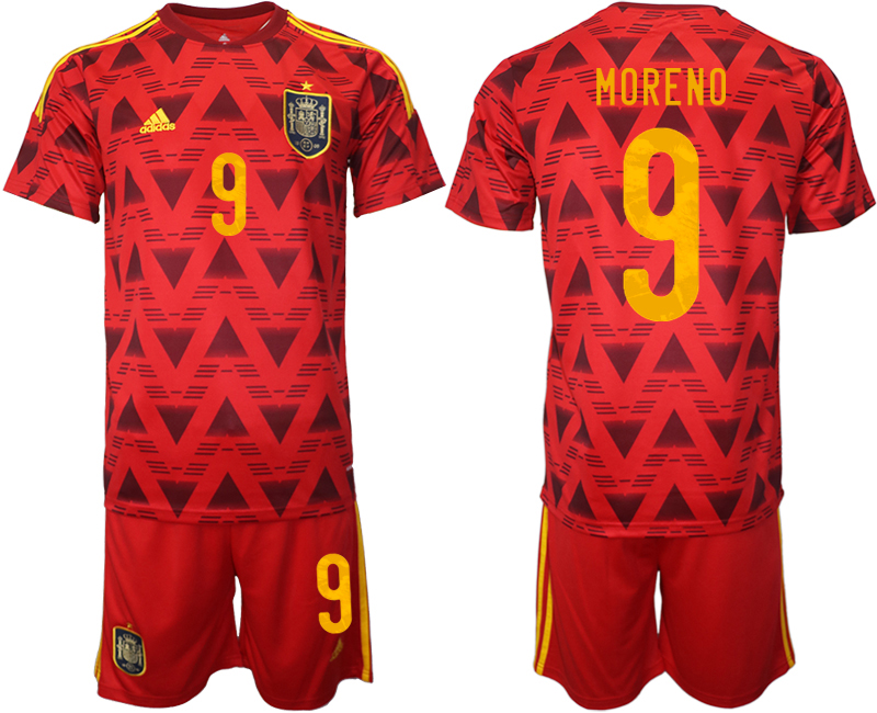 Men's Spain #9 Moreno Red Home Soccer Jersey Suit